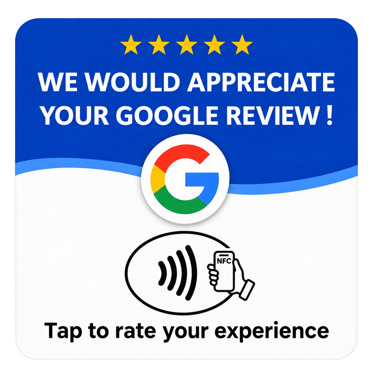 TapStars NFC card asking customers for a Google review